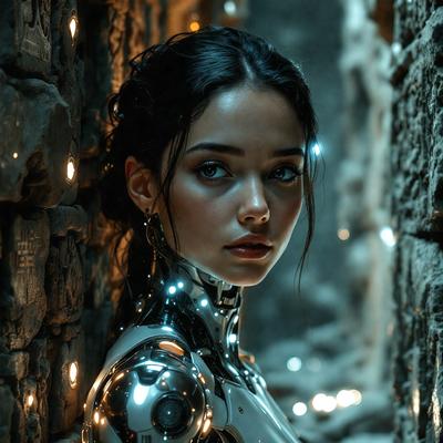 The primary subject of the image is a woman with long hair, wearing a silver outfit and earrings. She is standing in a dark room with a stone wall, and there are lights shining on her. The setting appears to be a cave or a similar enclosed space. The visual style of the image is a combination of photo and digital art, creating a unique and intriguing atmosphere. The colors in the image are predominantly dark, with the silver outfit and lights providing a contrasting element. The overall m